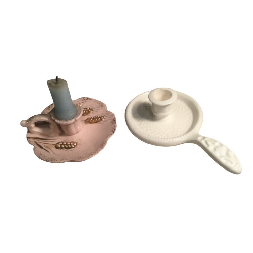 Chamber Stick CANDLE HOLDERs - Lefton, Japan Ceramic Pottery Bundle of 2